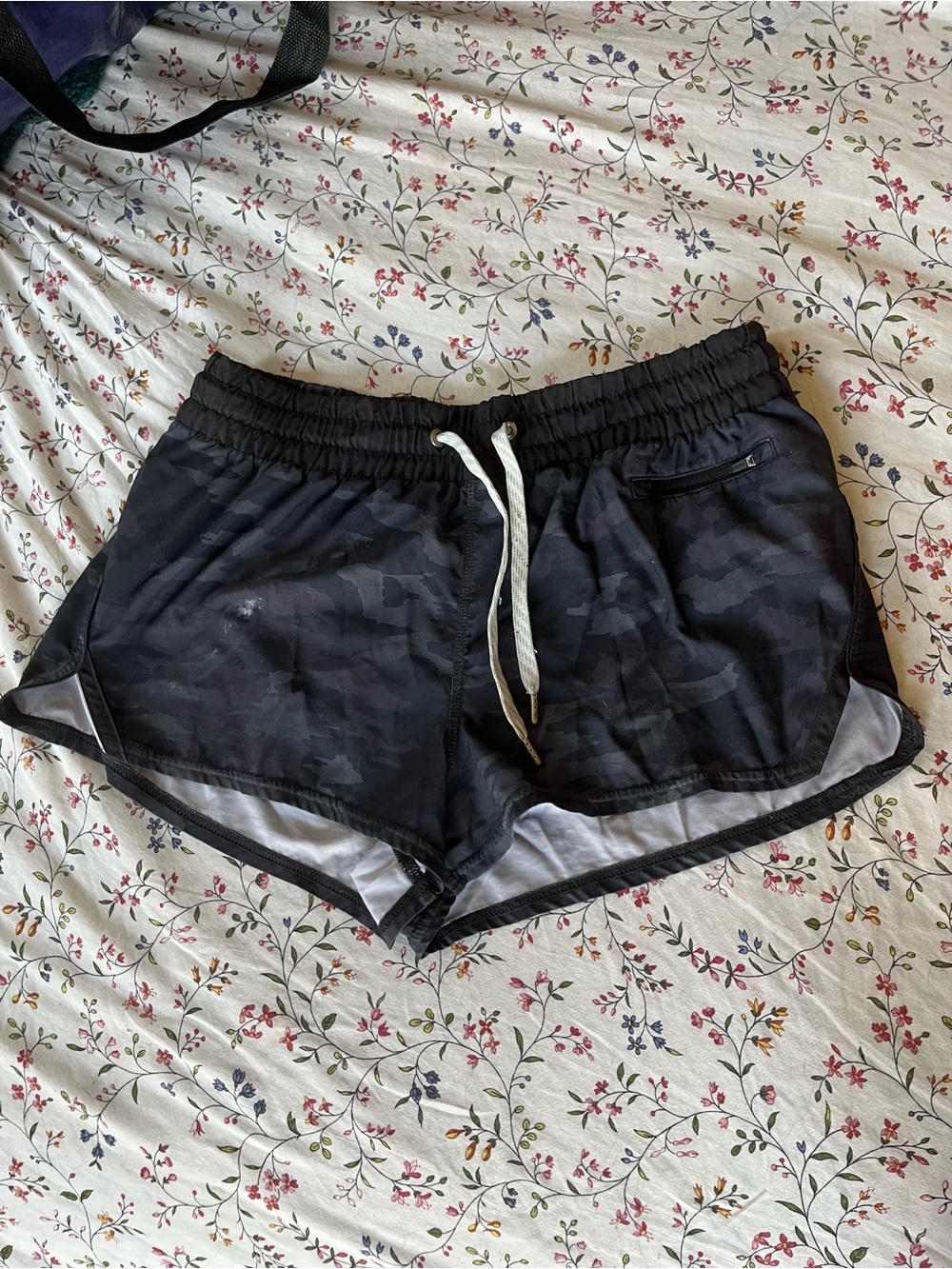 Vuori Black Camo Athletic Shorts with White Drawstring